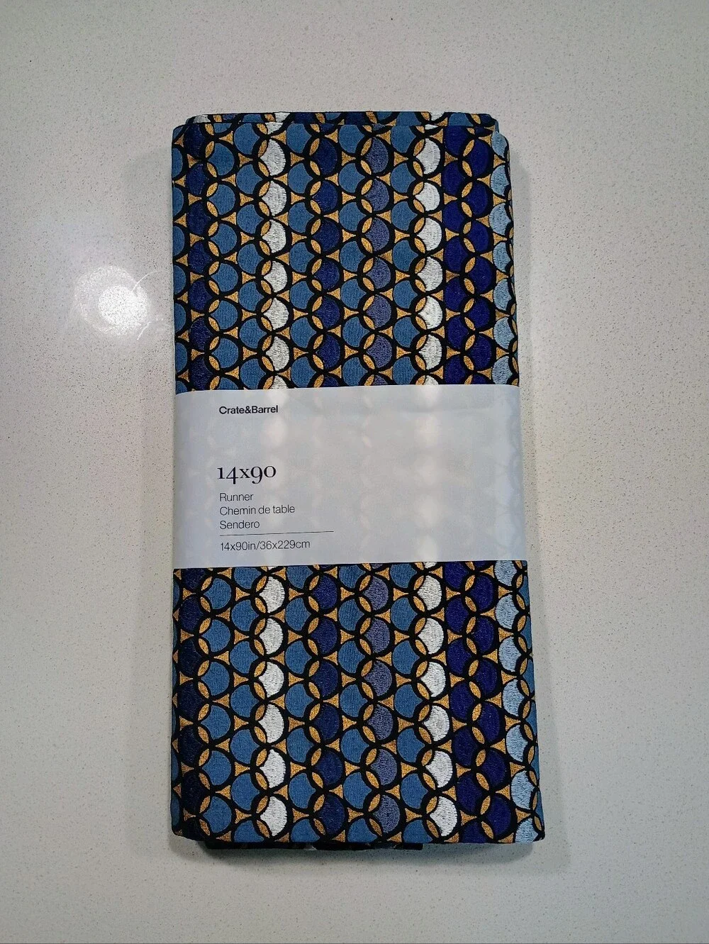 Crate & Barrel 14x90 Table Runner - Blue, Gold & White Geometric